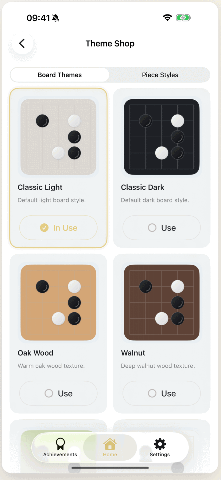 WUZIQI theme store: Classic Light, Classic Dark, Oak and Walnut board themes