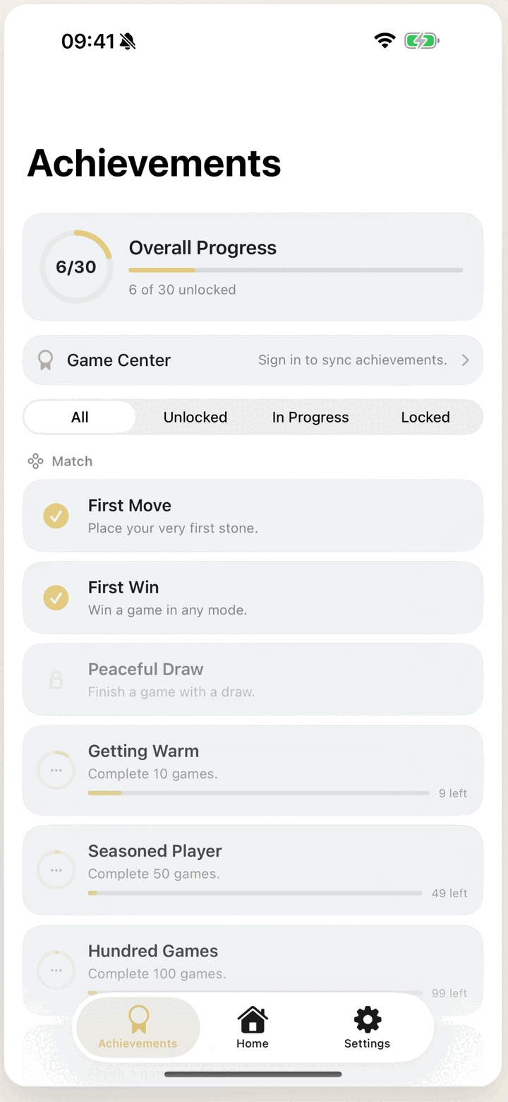 WUZIQI progress screen: game stats, streaks and achievements