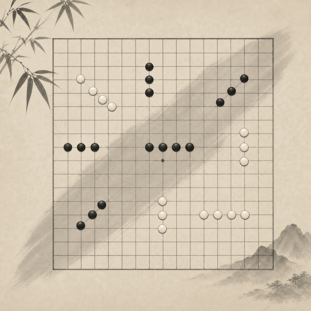 水墨风格的五子棋盘，黑白棋子连成几段三子与四子