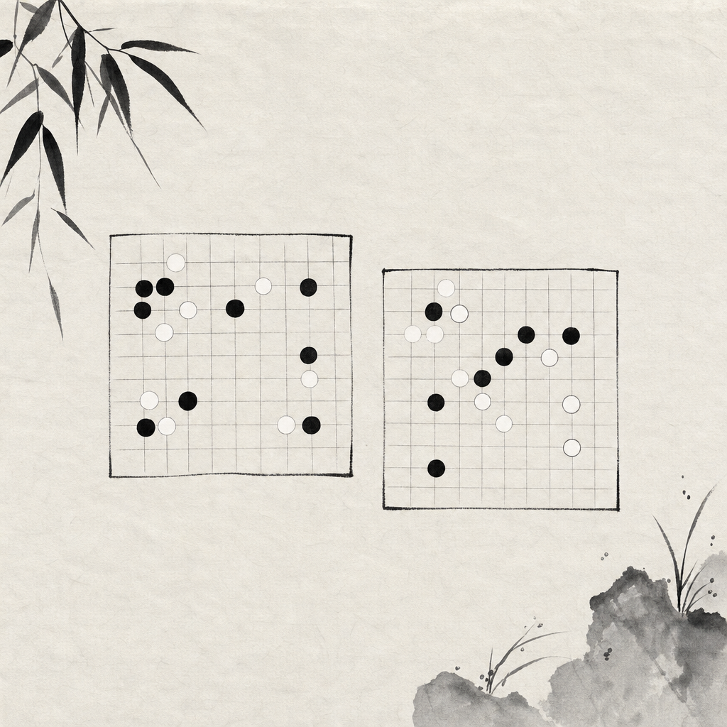 15×15 五子棋棋盘与 19×19 围棋棋盘的尺度对比示意