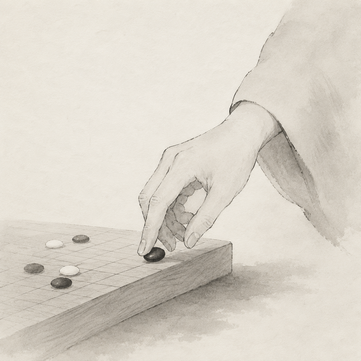 棋盘中央的黑子向四个方向展开，显示天元的方向优势