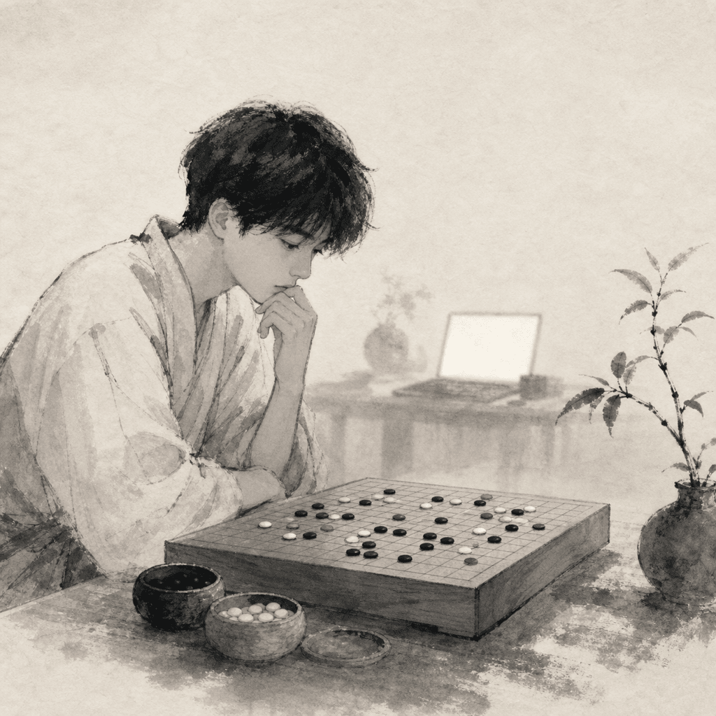 线上赛场的安静一角：棋盘、时间与少年棋手的判断。
