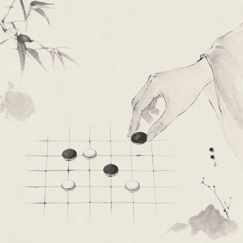 一张抽象的五子棋程序竞赛示意图，棋盘上有不同规则组与评分轨迹