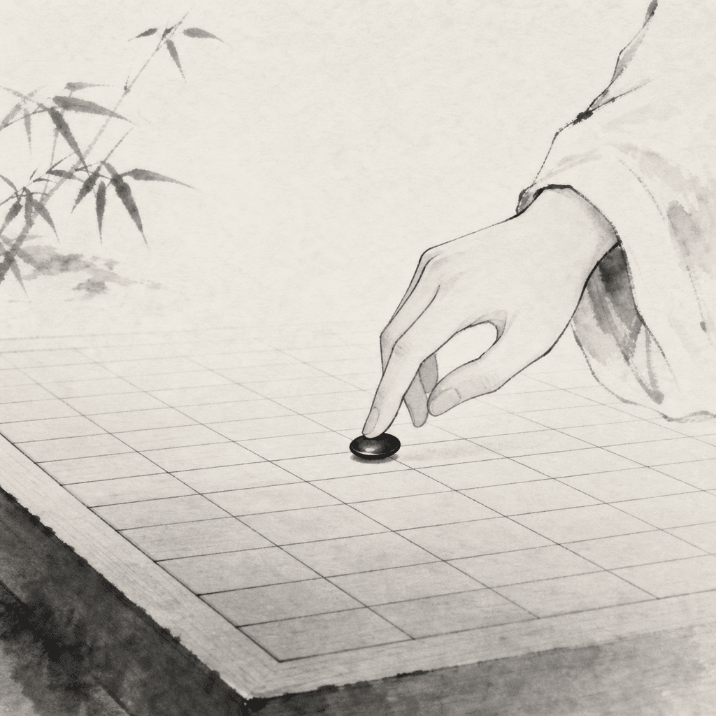 手指在木质棋盘中央附近落下一枚棋子