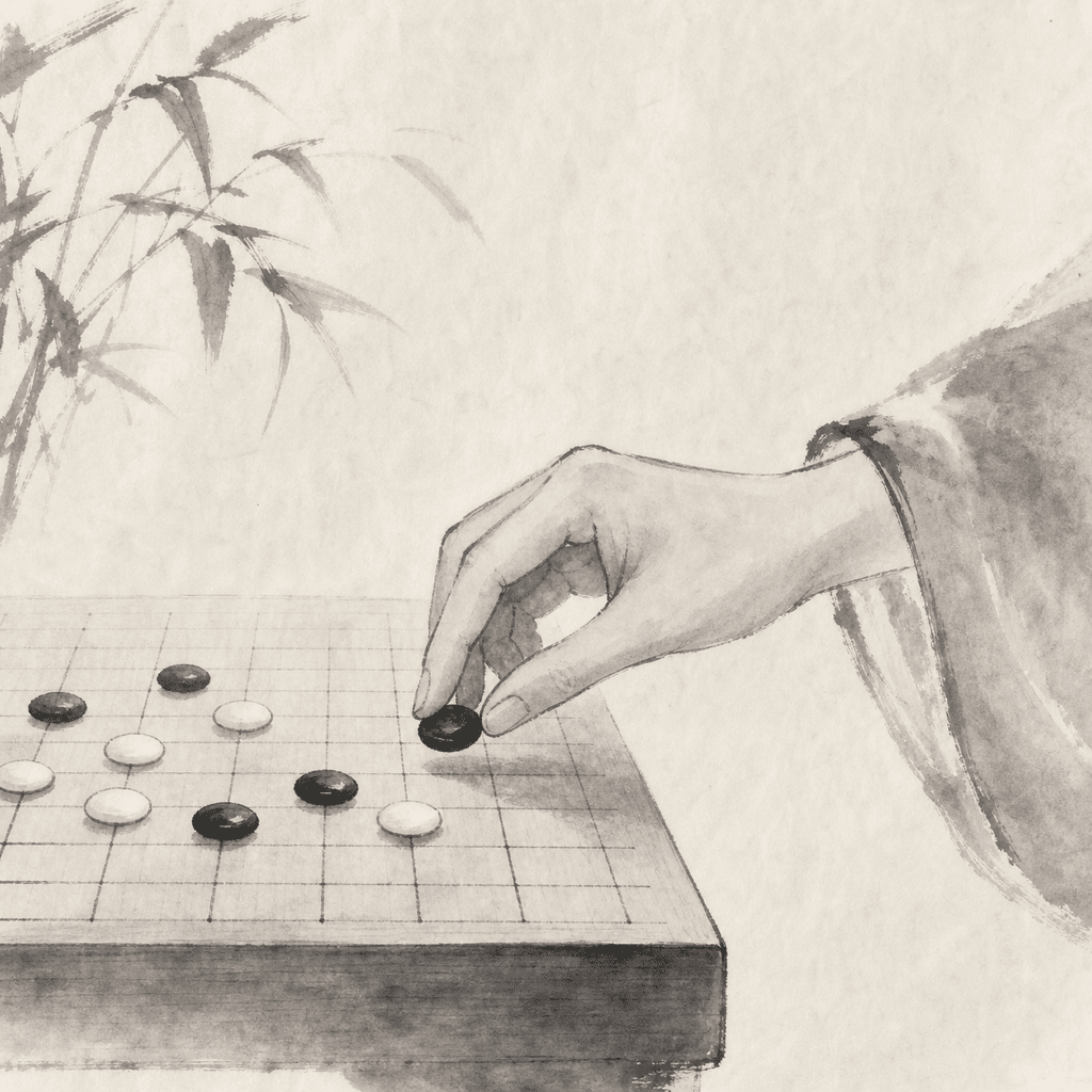 一张克制的五子棋棋盘，中心附近有少量黑白棋子，表现塔拉山口开局阶段的选择感
