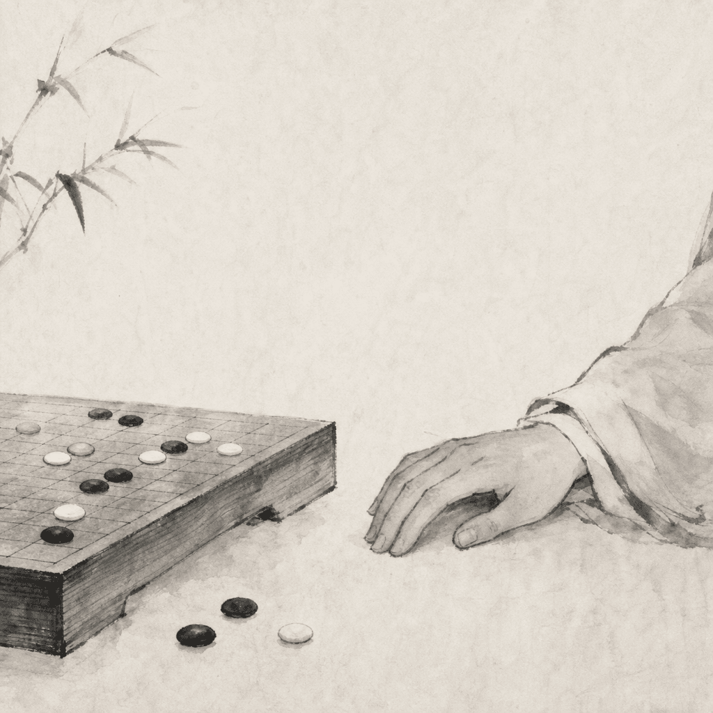 一张现代五子棋棋盘上，中心区域有几枚黑白棋子，旁边留出复盘标记空间