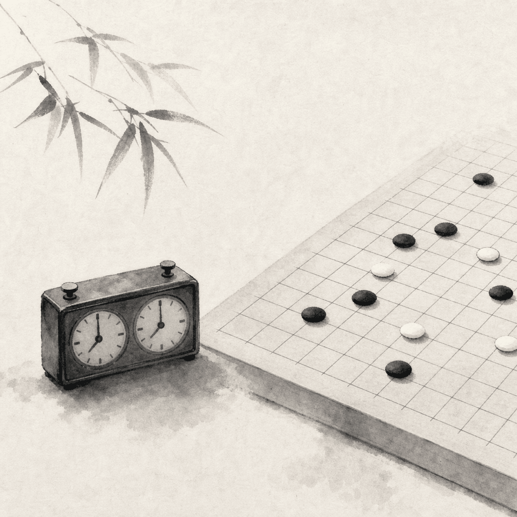 A quiet modern Gomoku board with a Swap2 opening shape, shown from above in a refined tournament atmosphere