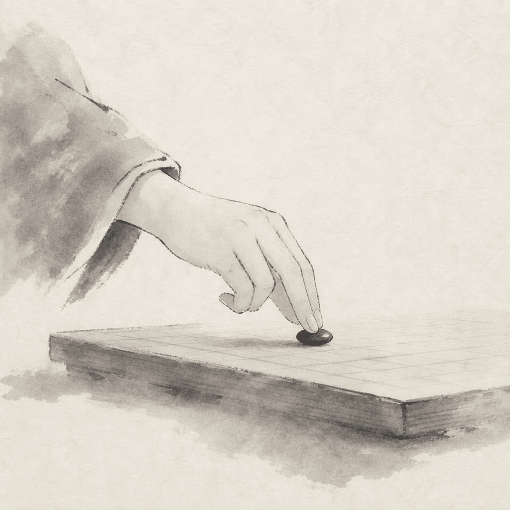 一只手在木质五子棋盘上落子，画面安静留白