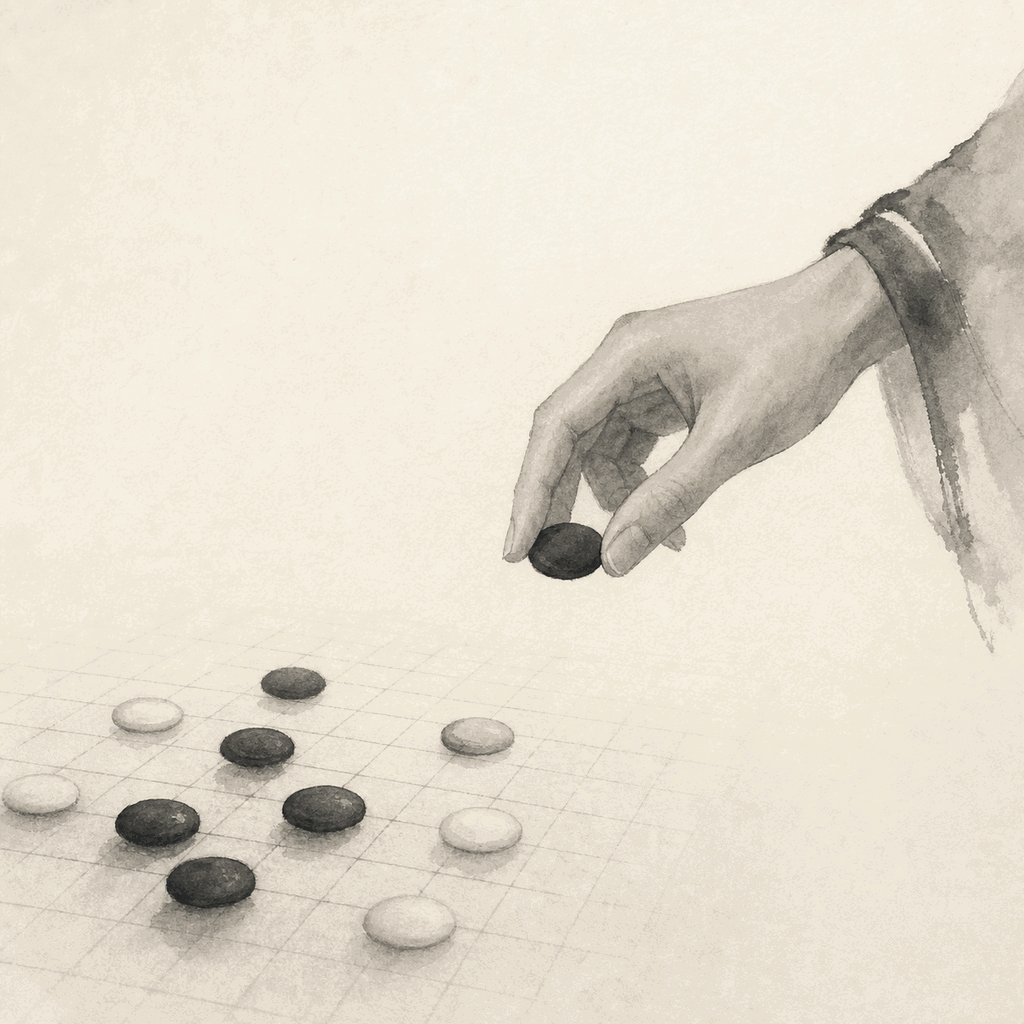 同一组斜线棋形在紧密棋盘与留白更充足棋盘上的对比示意
