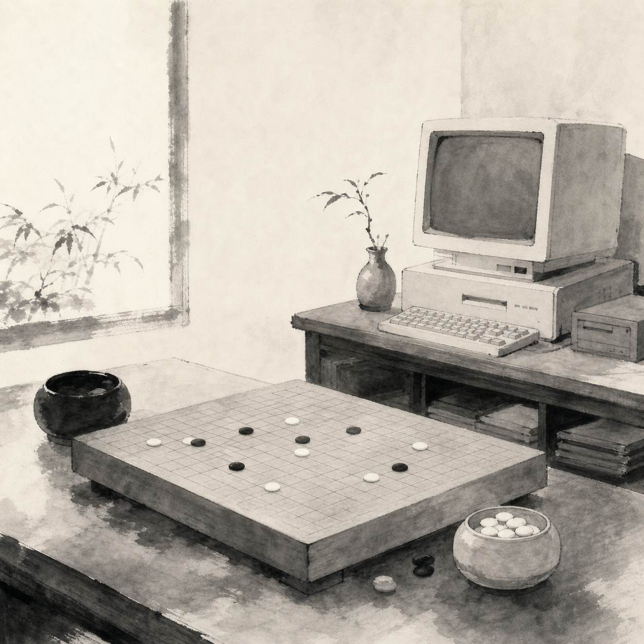 一张安静棋盘和一台旧电脑，记录了五子棋证明史里的一个瞬间。