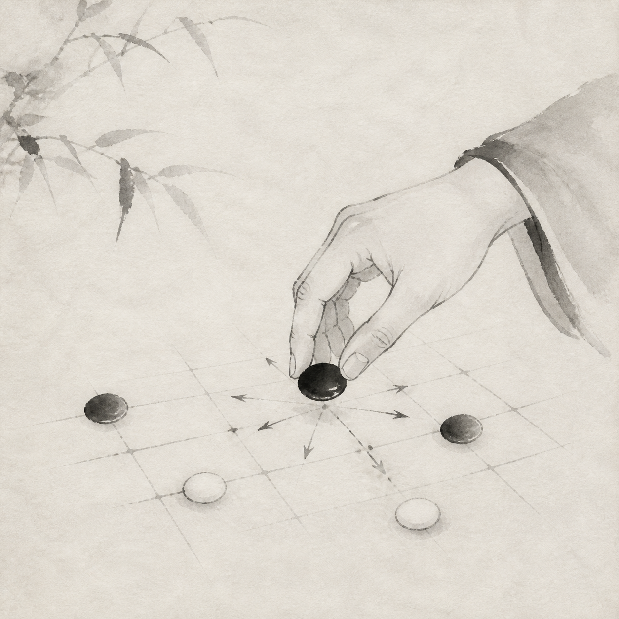 棋盘中心附近的局部形状示意，标出新落子影响的四个方向