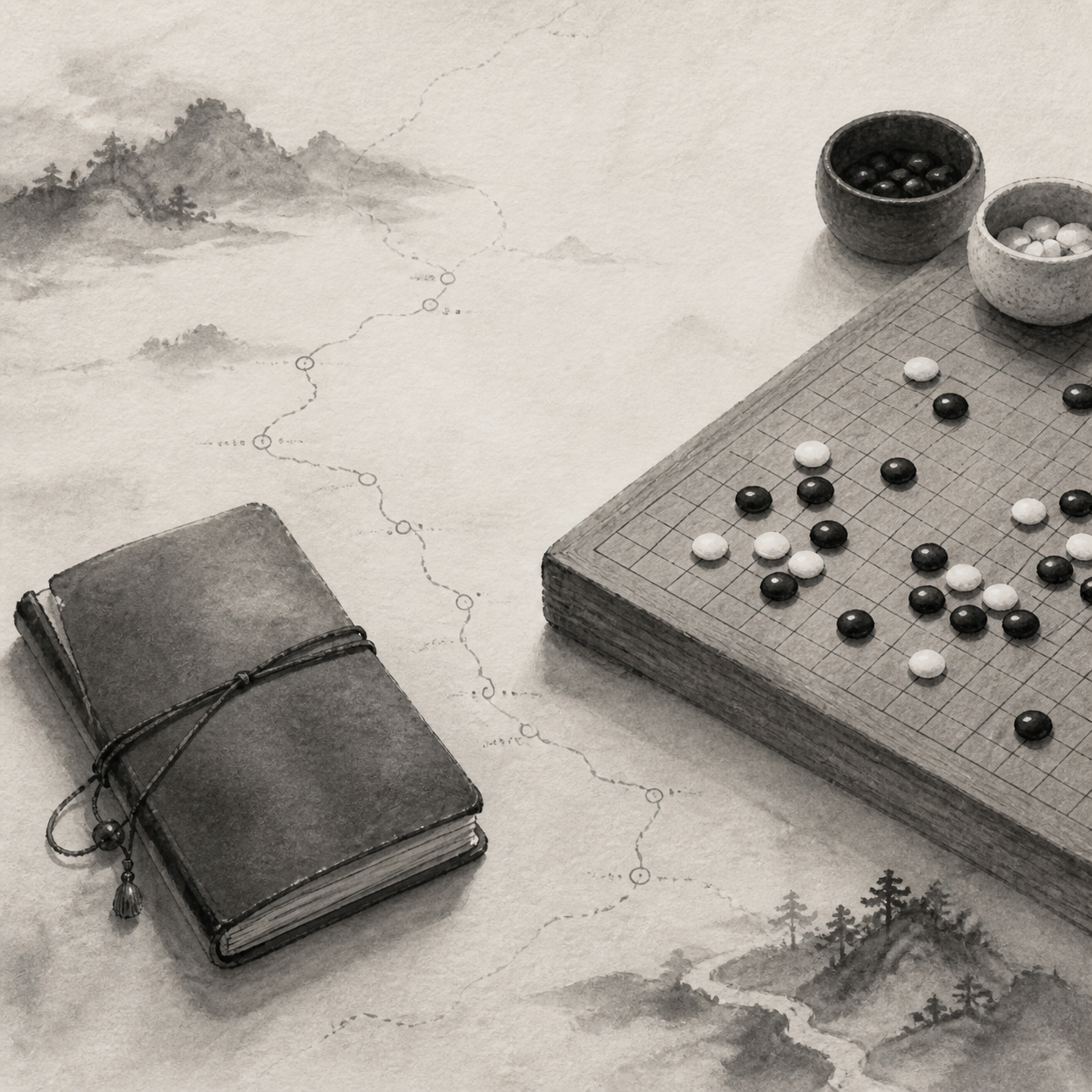 一张安静的五子棋棋盘示意图，中心附近摆出 Swap2 开局的三子结构，背景暗示欧洲小城比赛桌面