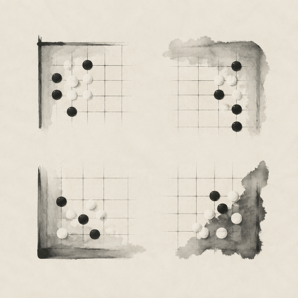 米白纸面上的棋盘线稿，线段末端用不同墨线标出胜负边界