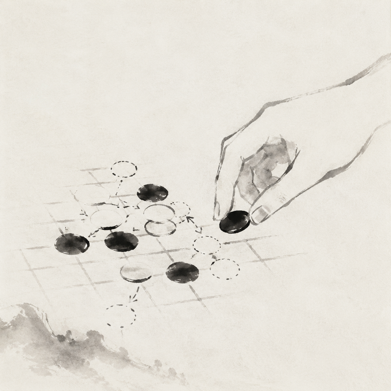 棋盘旁的一组对子标记，暗示吃子与成线并行