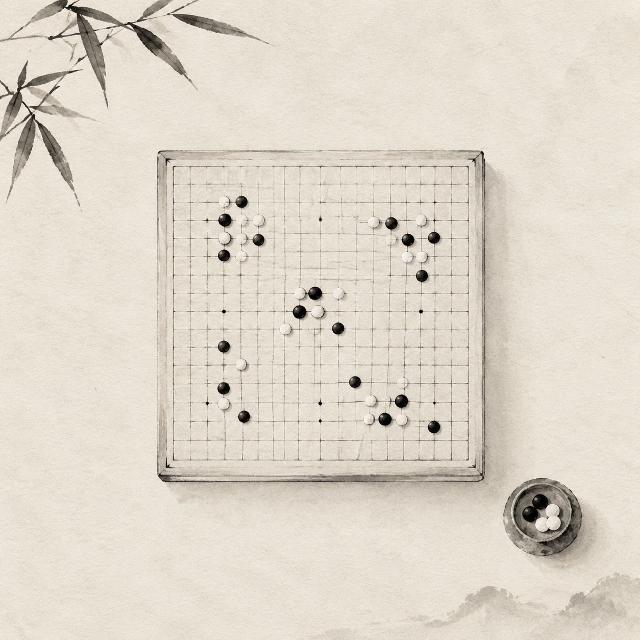 棋盘边缘的坐标与方向提示，把一局棋安静地固定下来。