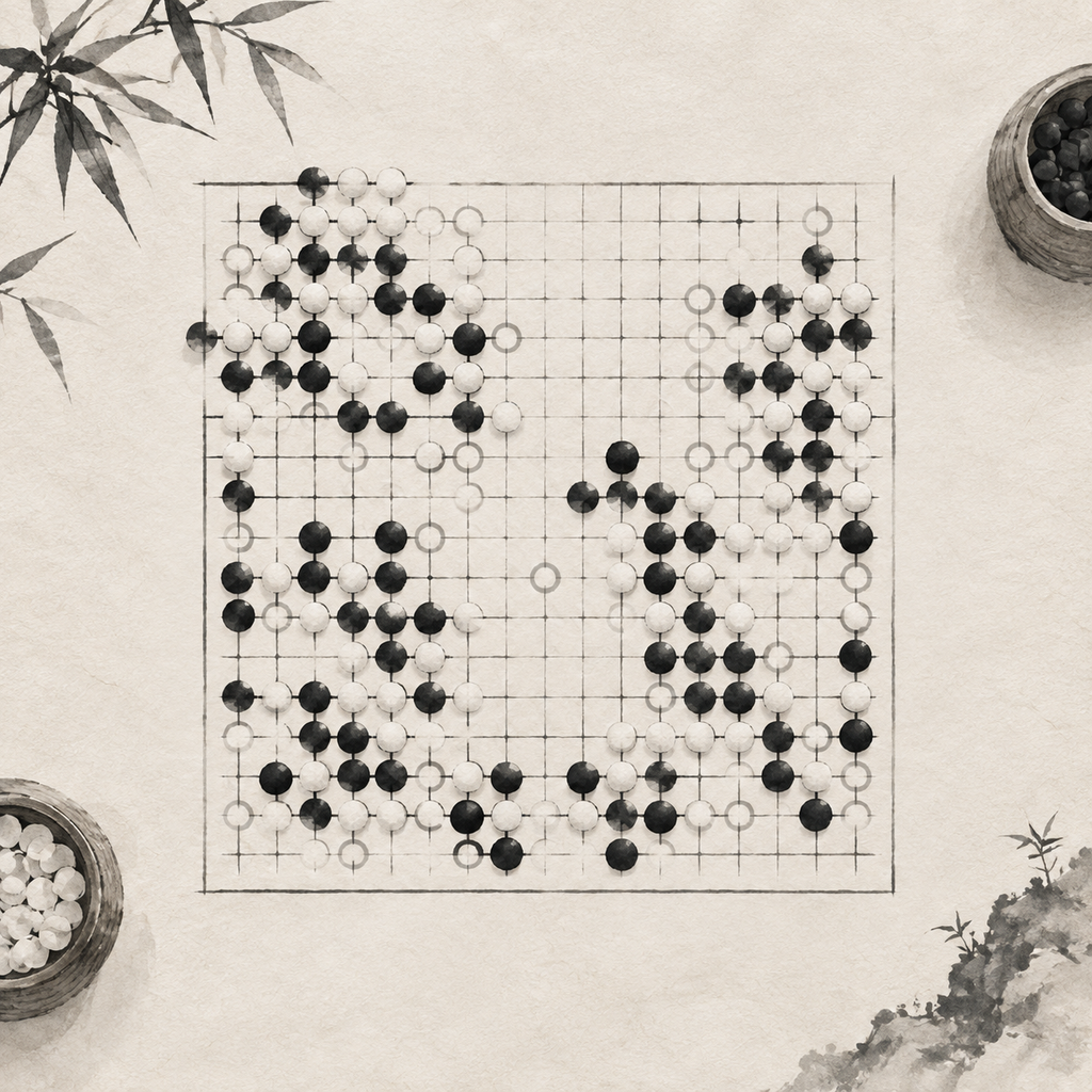 棋盘接近填满时，空点减少，最后几手的规则与空间判断变得同样重要。