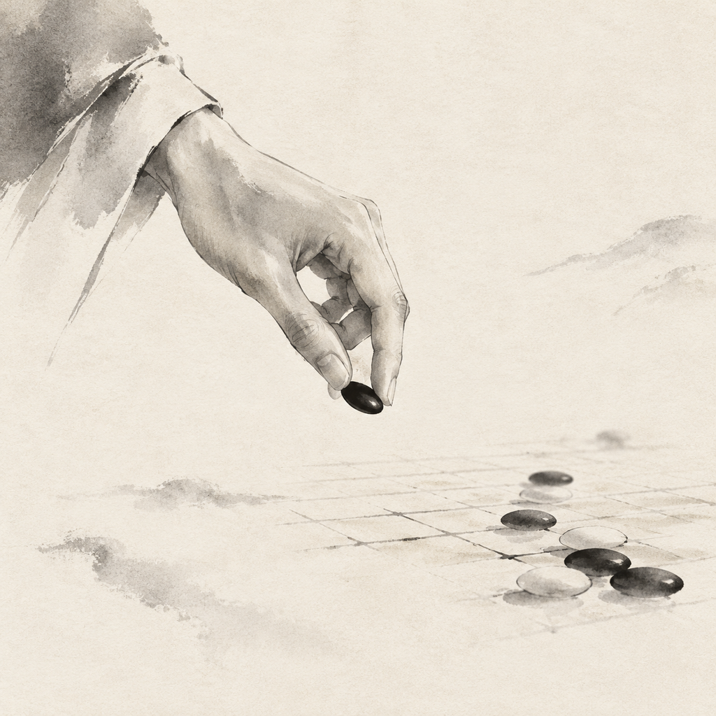 一张接近填满的十五路五子棋棋盘，剩余交叉点很少且没有五连