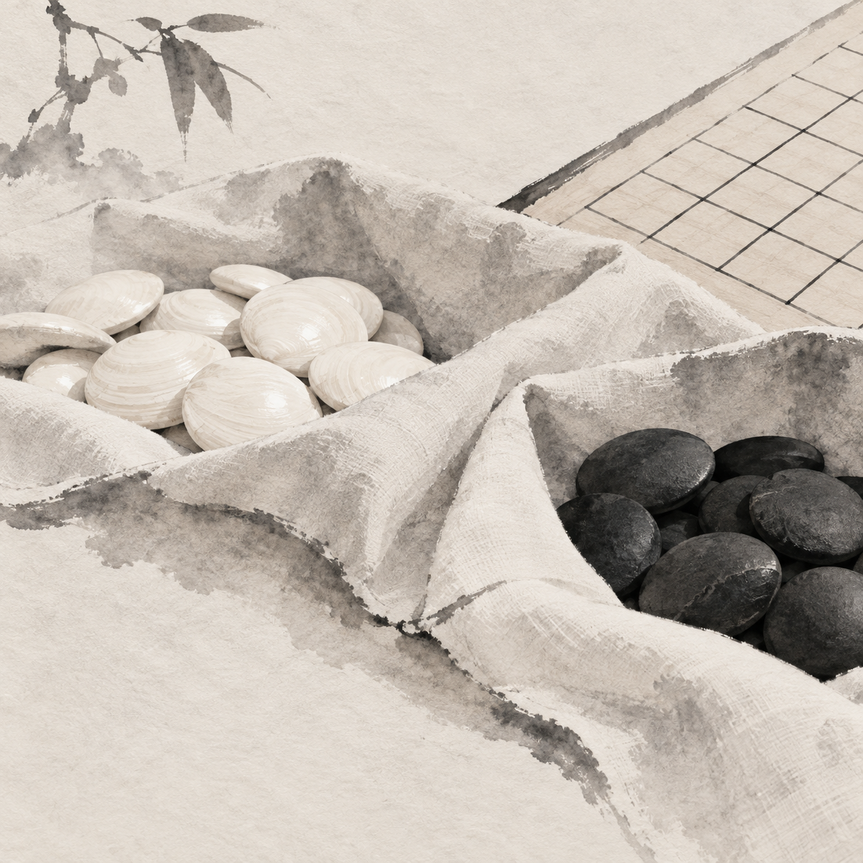 不同材质的黑白棋子与柔软布料，提示清洁前先辨认棋子材质。