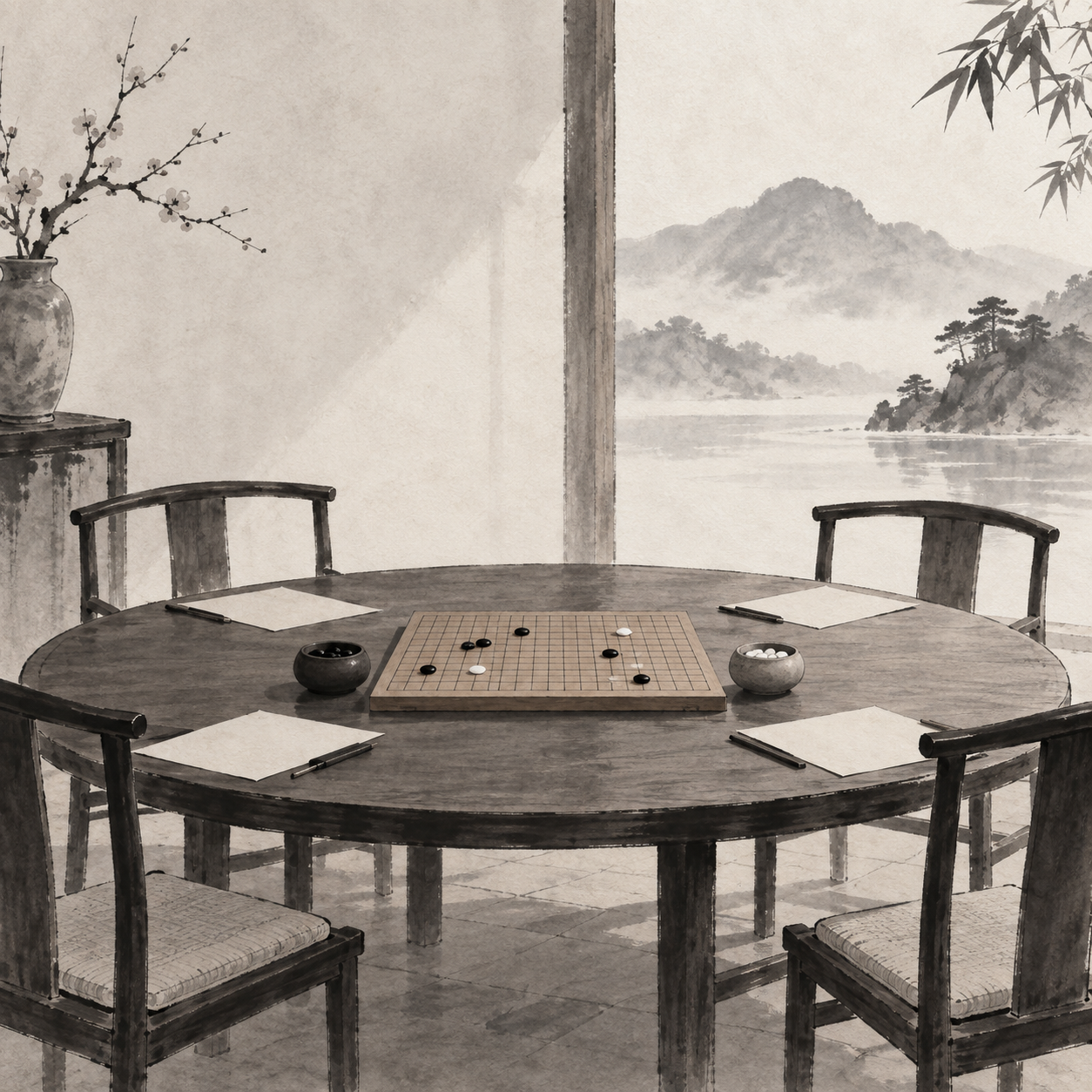 宽大的会议桌旁摆着空椅，桌上放有空白纸张，中央是一副连珠棋盘