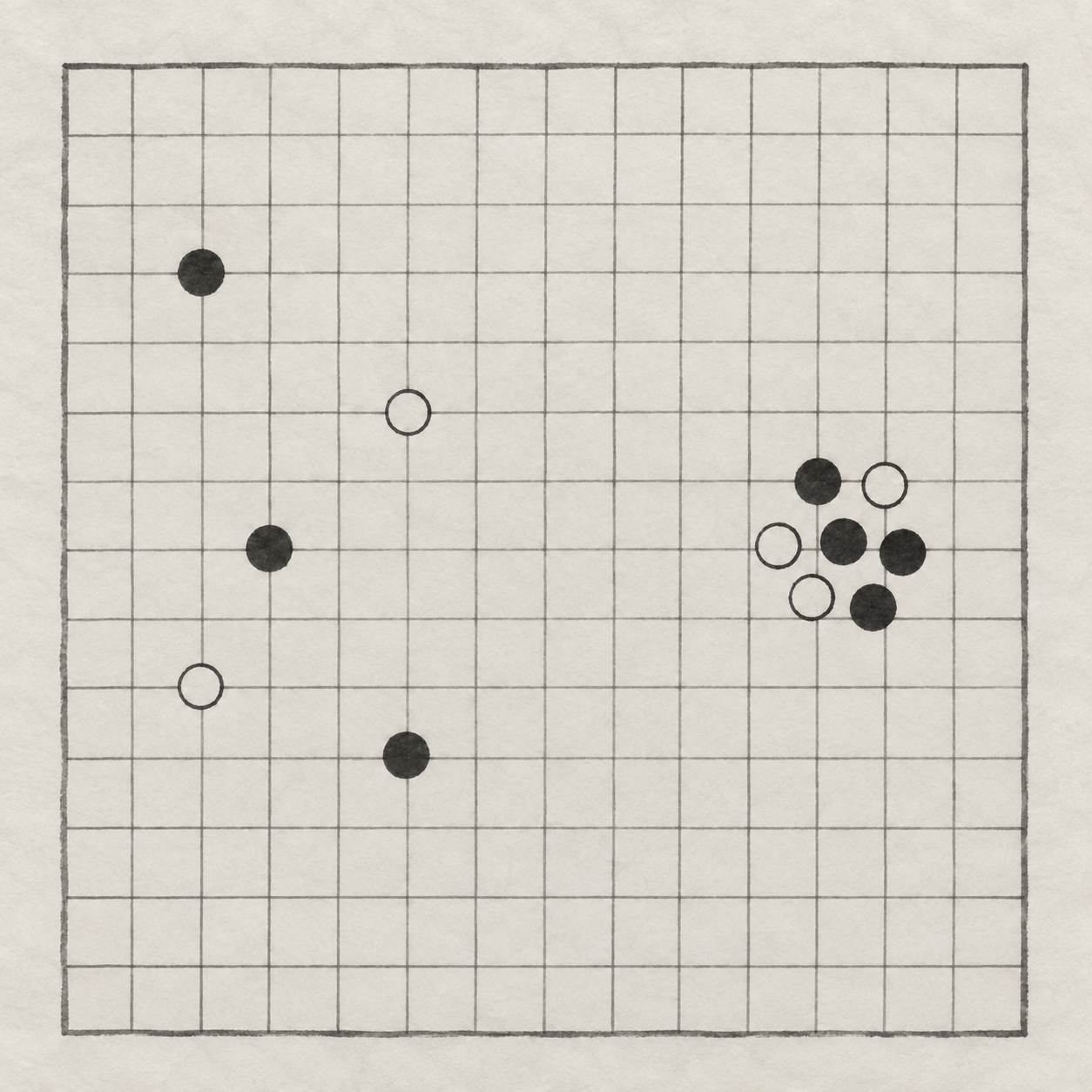 两组棋子作疏密对照，一组间距较大，另一组排列较密。