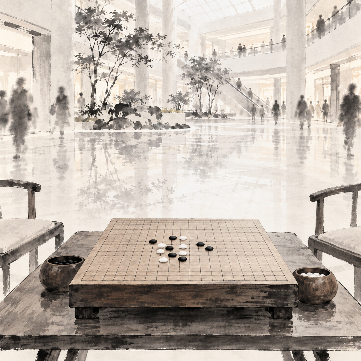 中庭里的棋盘：人来人往，落子仍然安静。