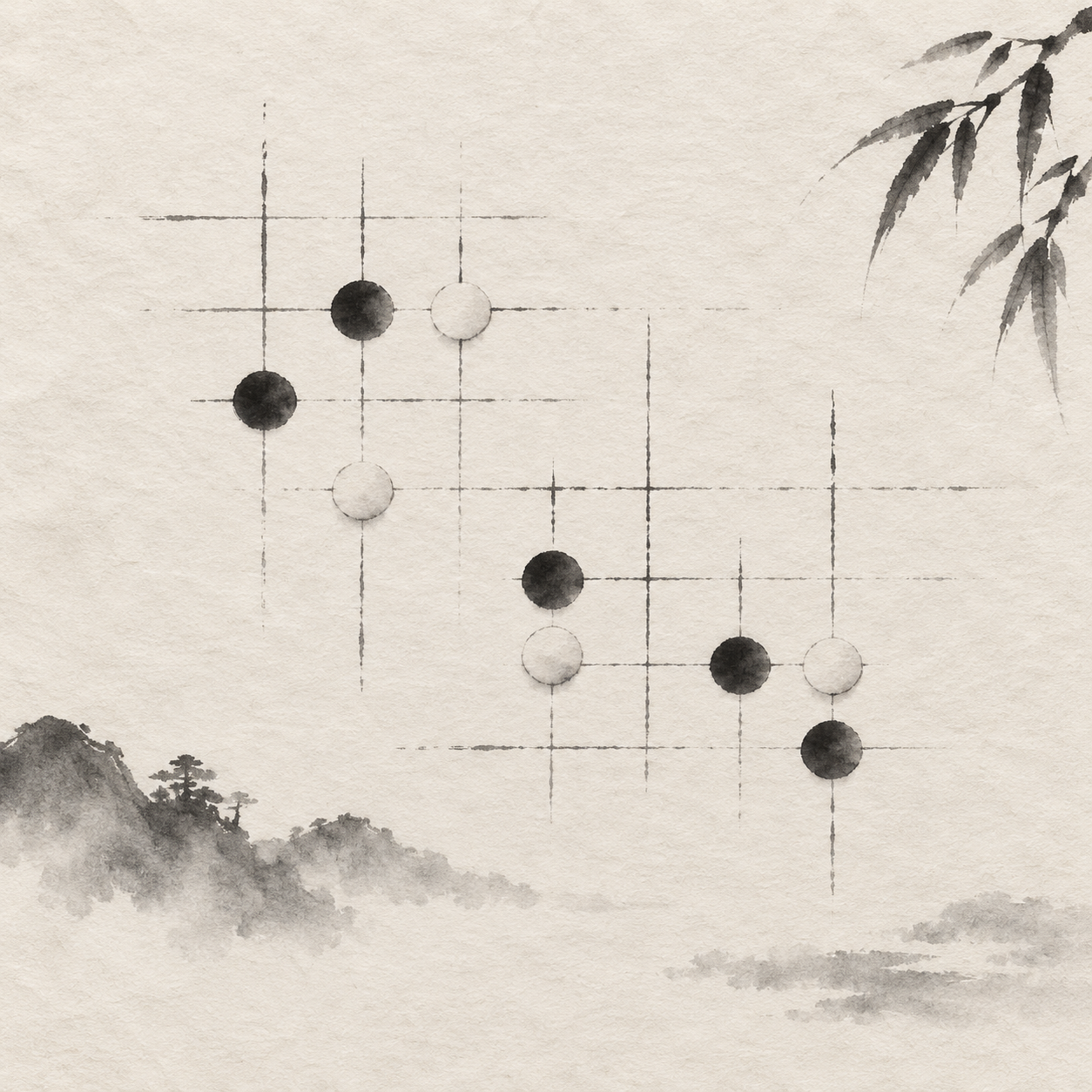 水墨棋盘局部，开局落子旁有数道淡墨候选点