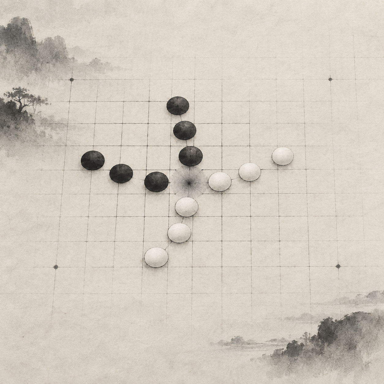 棋盘上左上方斜向棋形与右侧横向棋形都朝中央同一个空交叉点延伸，画面没有文字。